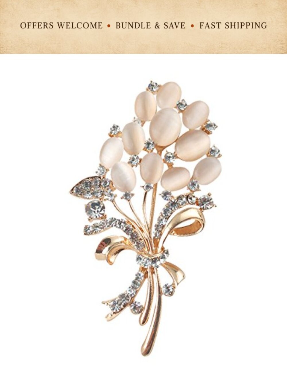 Floral Bouquet Brooch Pin with Created Cat's Eye Stone Alloy Glass